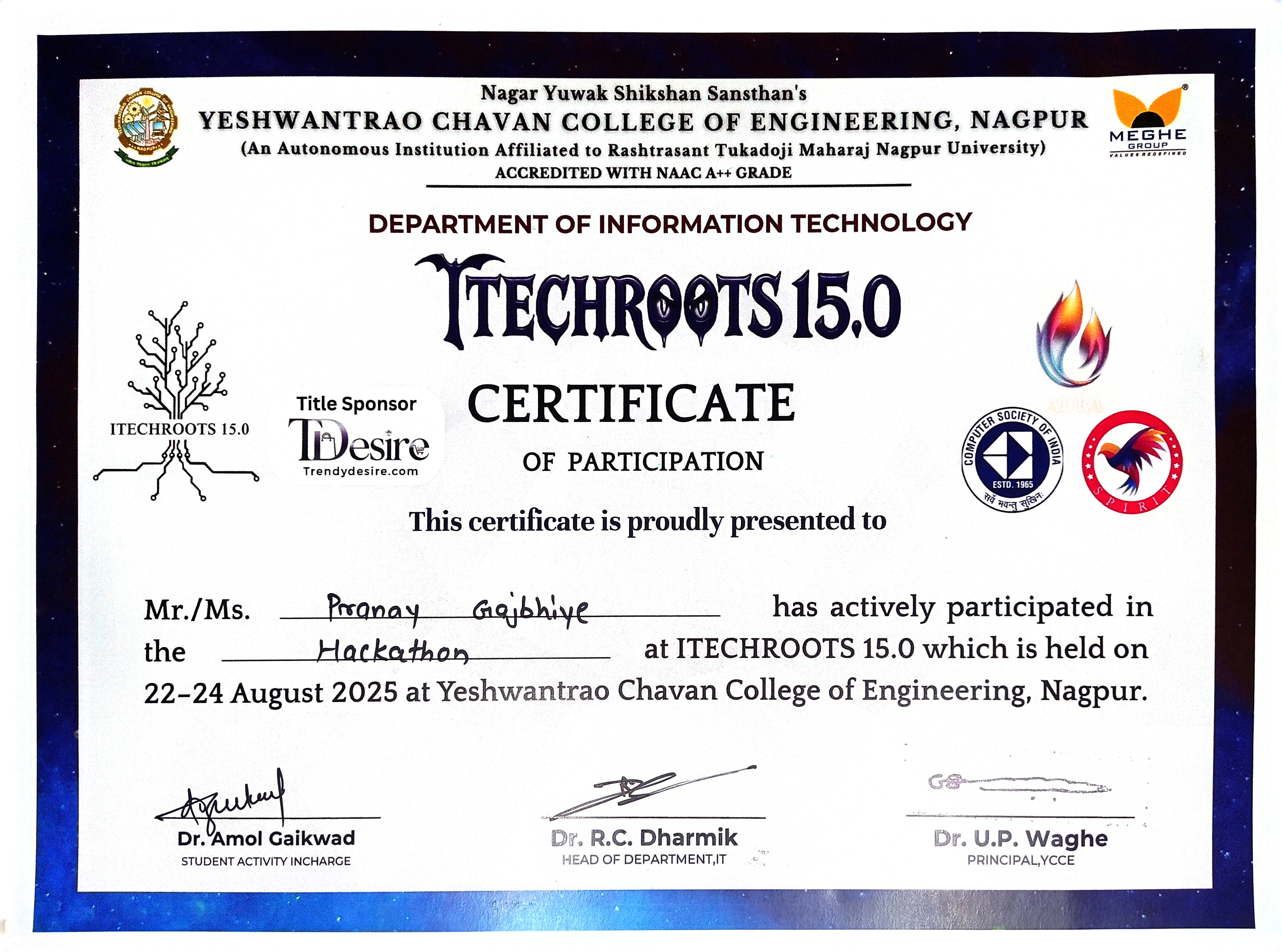 YCCE Hackathon Certificate